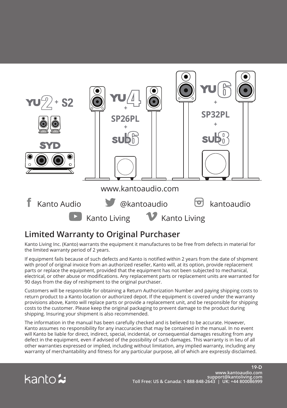 Sp32pl, Sp26pl, Limited warranty to original purchaser | Kanto audio @kantoaudio kantoaudio, Kanto living | Kanto Living YUP4 2-Way Bookshelf Speakers (Matte White, Pair) User Manual | Page 12 / 12