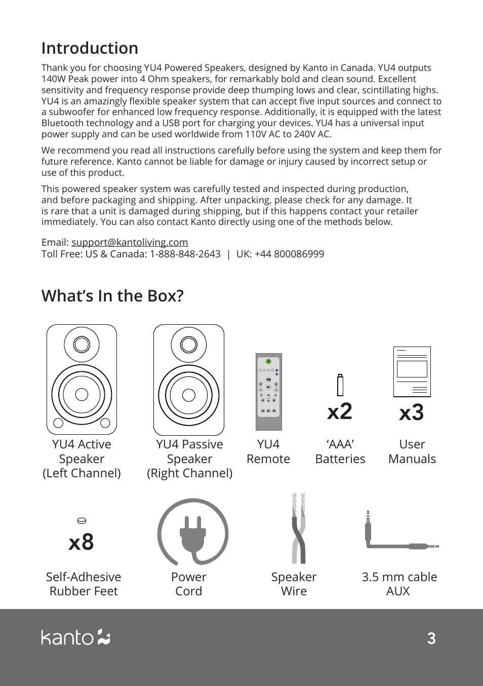 X3 x8, 3introduction, What’s in the box | Kanto Living YUP4 2-Way Bookshelf Speakers (Matte White, Pair) User Manual | Page 3 / 12