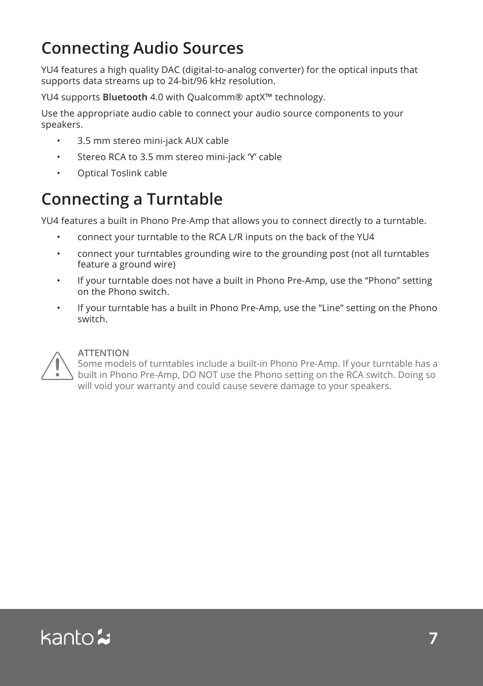 7connecting audio sources connecting a turntable | Kanto Living YUP4 2-Way Bookshelf Speakers (Matte White, Pair) User Manual | Page 7 / 12