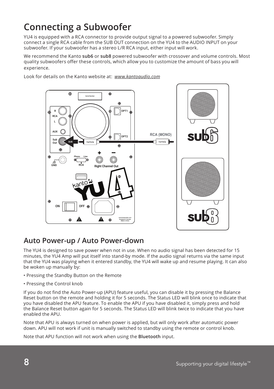 Connecting a subwoofer, Auto power-up / auto power-down | Kanto Living YUP4 2-Way Bookshelf Speakers (Matte White, Pair) User Manual | Page 8 / 12