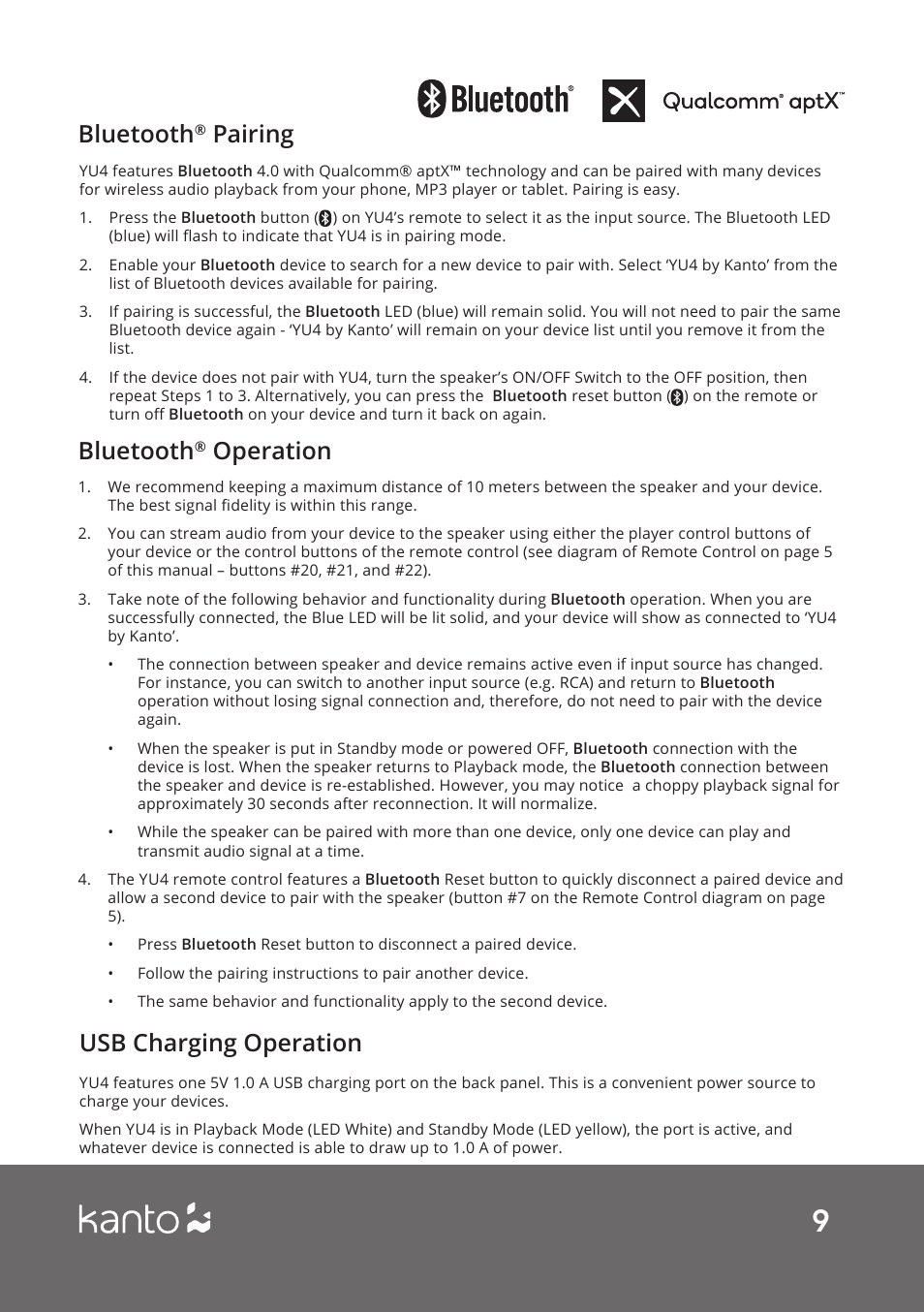 Usb charging operation, Bluetooth, Operation | Pairing | Kanto Living YUP4 2-Way Bookshelf Speakers (Matte White, Pair) User Manual | Page 9 / 12