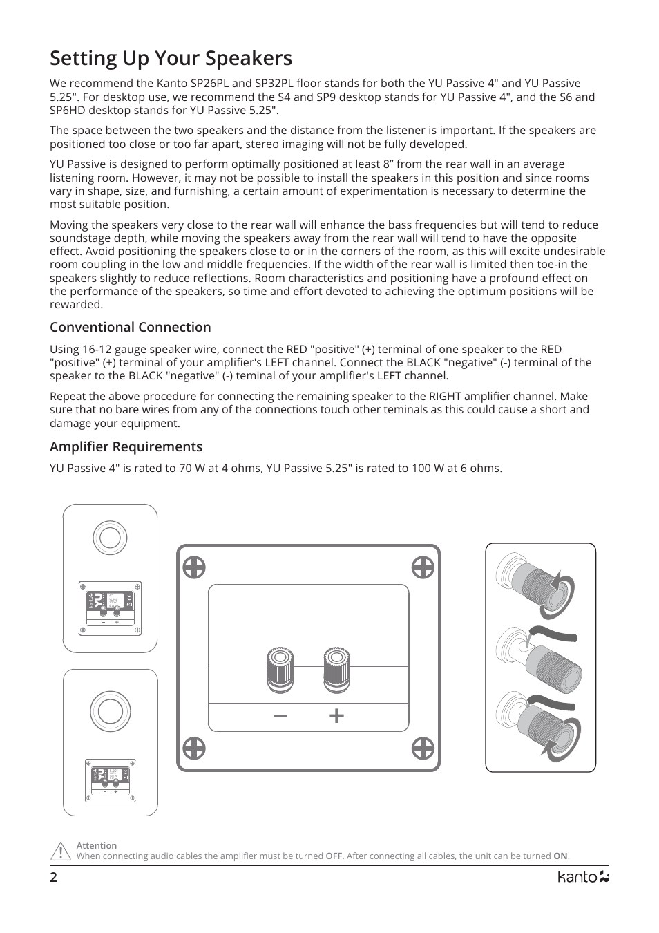 Setting up your speakers, Conventional connection amplifier requirements | Kanto Living YUP4 2-Way Bookshelf Speakers (Matte Black, Pair) User Manual | Page 2 / 4