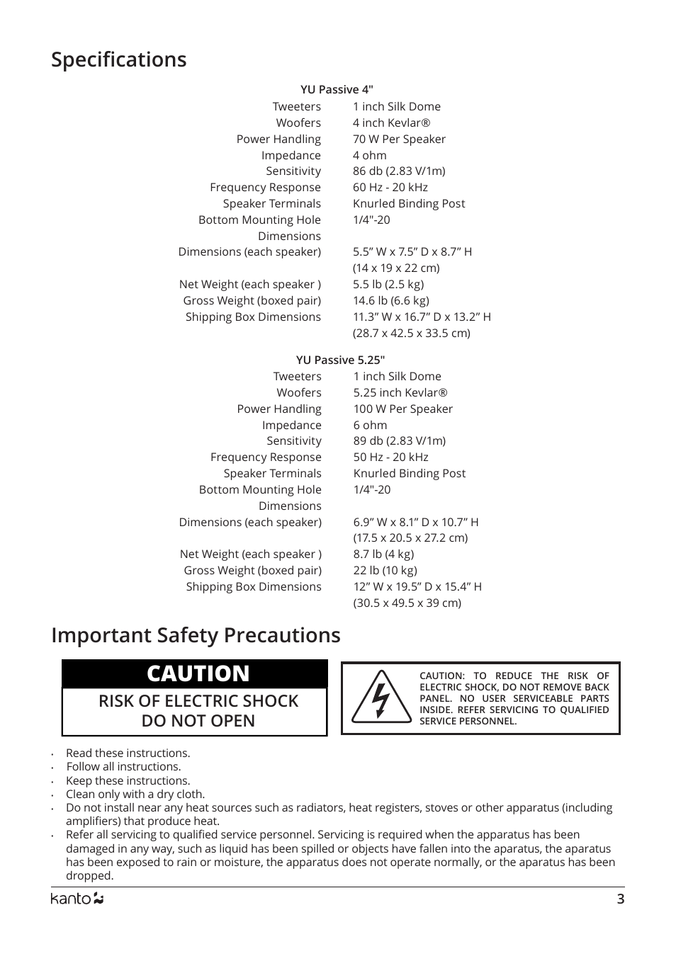 Caution, Specifications, Important safety precautions | Risk of electric shock do not open | Kanto Living YUP4 2-Way Bookshelf Speakers (Matte Black, Pair) User Manual | Page 3 / 4