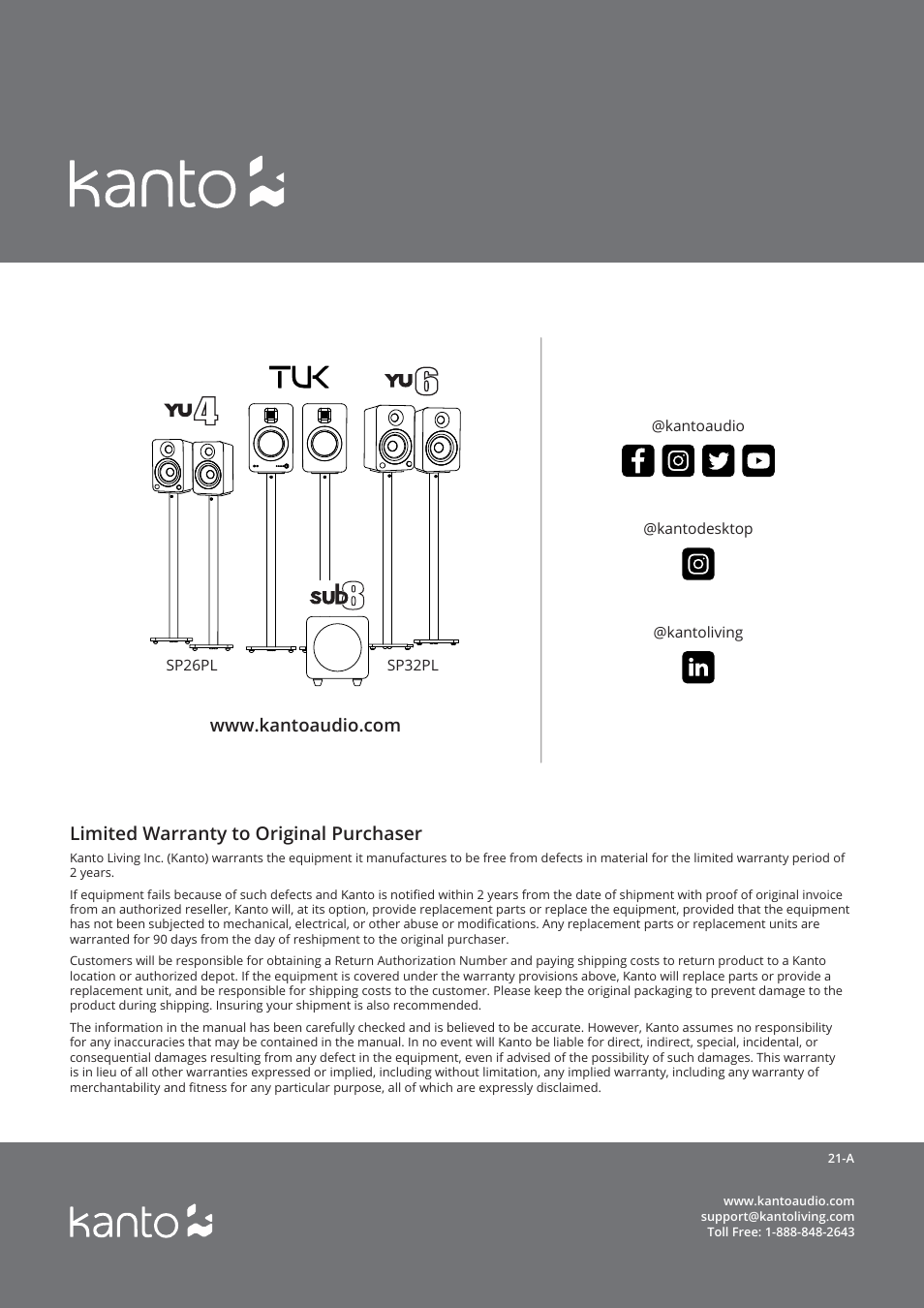 Limited warranty to original purchaser | Kanto Living YUP4 2-Way Bookshelf Speakers (Matte Black, Pair) User Manual | Page 4 / 4