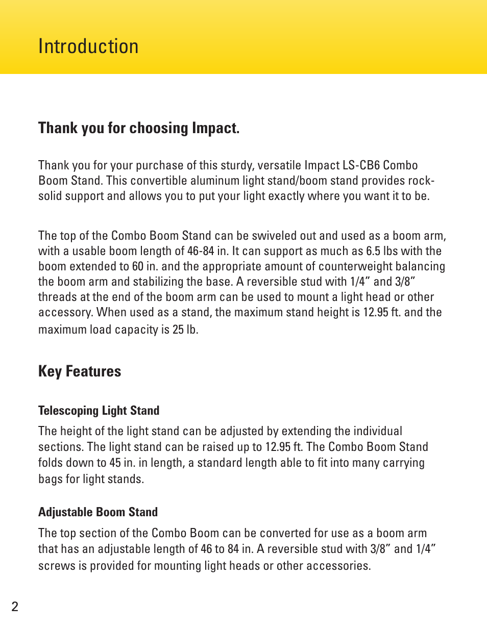 Introduction, Key features | Impact Combo Boom Stand (12.95') User Manual | Page 2 / 8