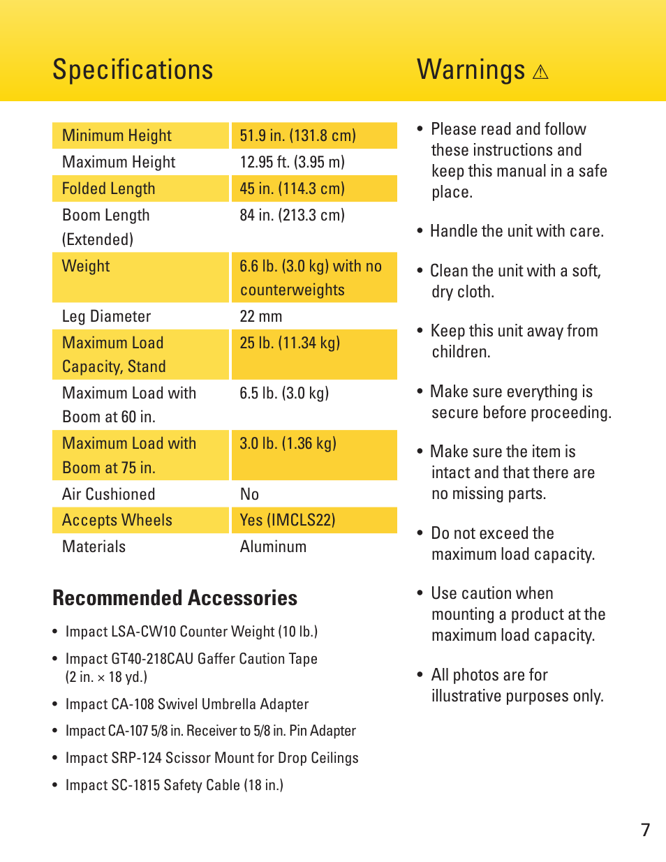 Warnings, Specifications, Recommended accessories | Impact Combo Boom Stand (12.95') User Manual | Page 7 / 8