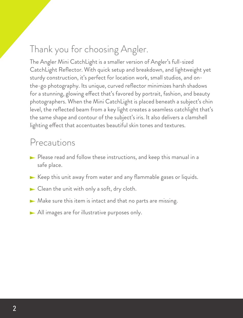 Precautions | Angler Mini CatchLight Reflector V2 (18 x 37") User Manual | Page 2 / 8
