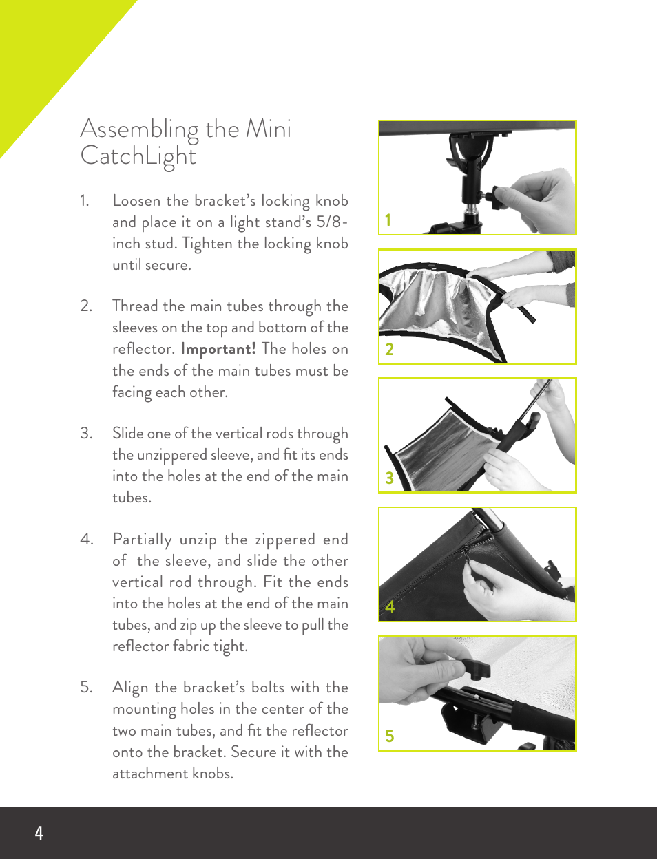 Assembling the mini catchlight | Angler Mini CatchLight Reflector V2 (18 x 37") User Manual | Page 4 / 8