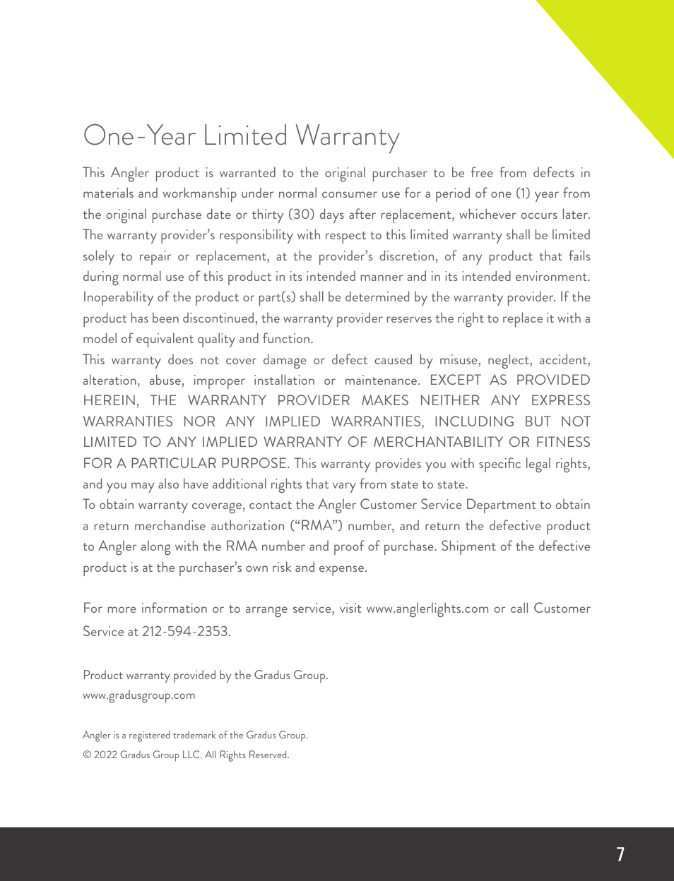 One-year limited warranty | Angler Mini CatchLight Reflector V2 (18 x 37") User Manual | Page 7 / 8