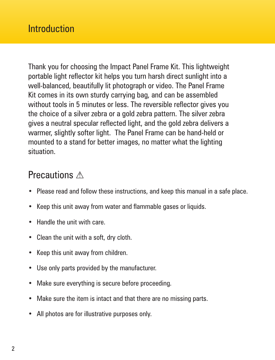 Precautions, Introduction | Impact Panel Frame Reflector Kit - Zebra Gold / Zebra Silver (59 x 82") User Manual | Page 2 / 8