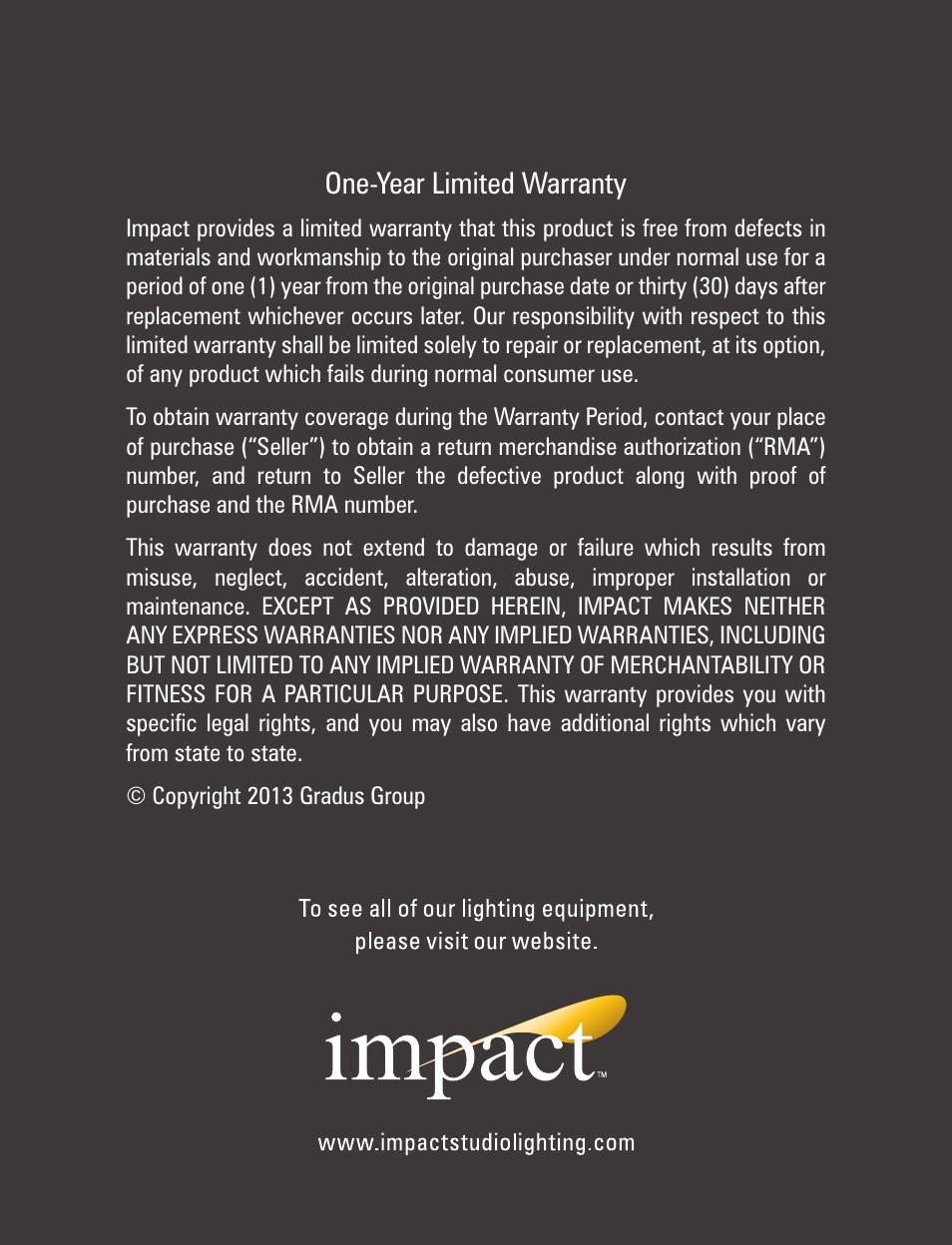 One-year limited warranty | Impact Panel Frame Reflector Kit - Zebra Gold / Zebra Silver (59 x 82") User Manual | Page 8 / 8
