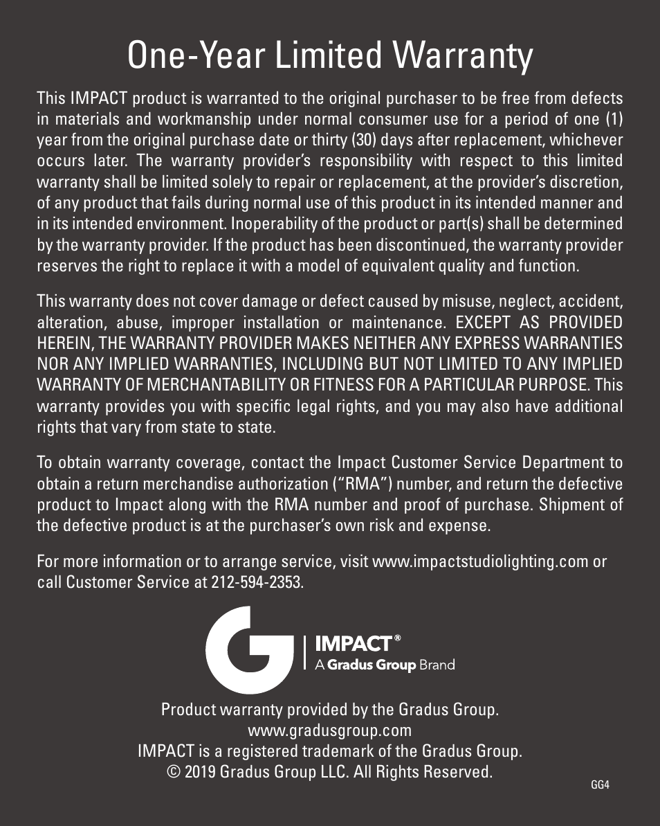 One-year limited warranty | Impact Circular Collapsible Reflector with Handles (Silver/White, 32") User Manual | Page 8 / 8