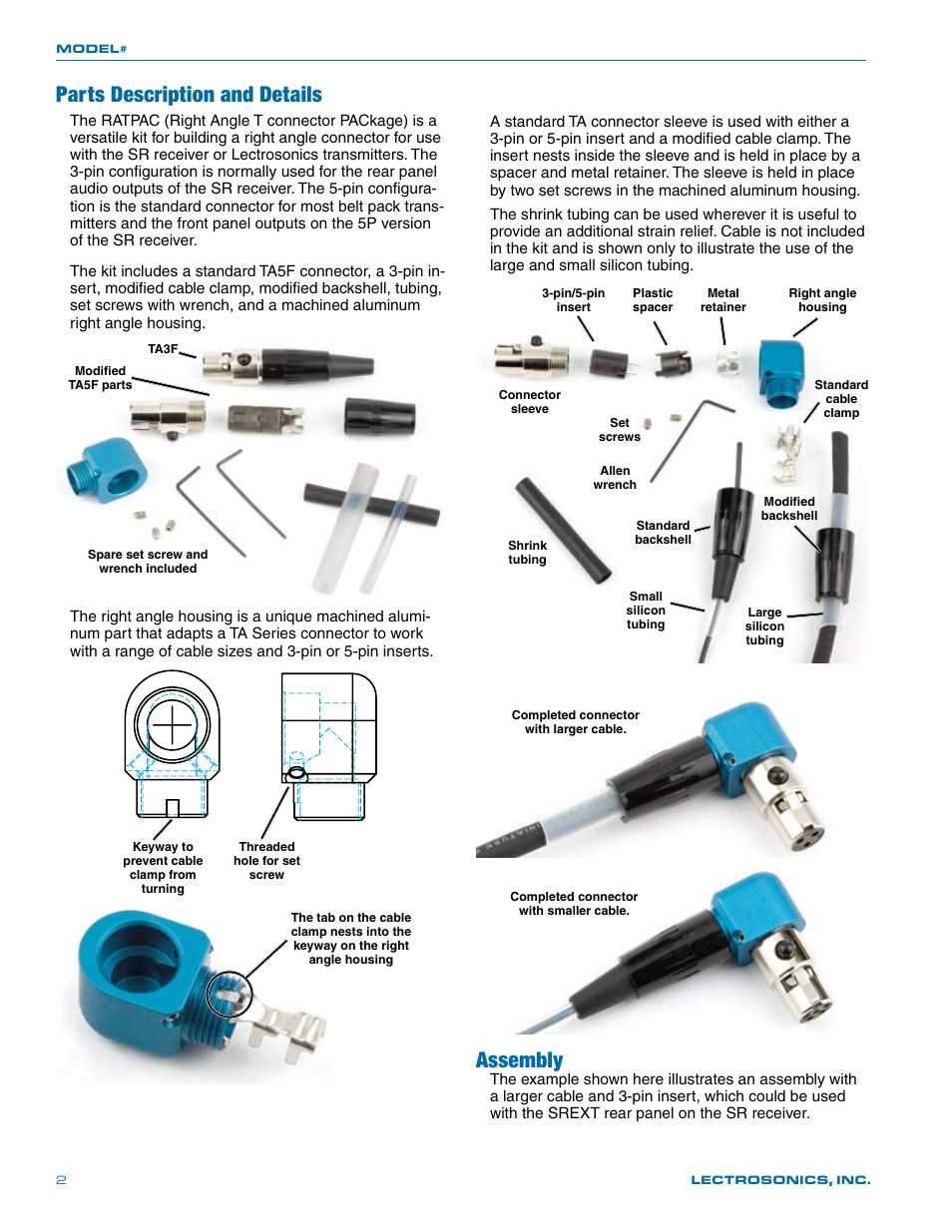 Parts description and details, Assembly | Lectrosonics Right Angled TA3 and TA5-Female Connector Kit User Manual | Page 2 / 4