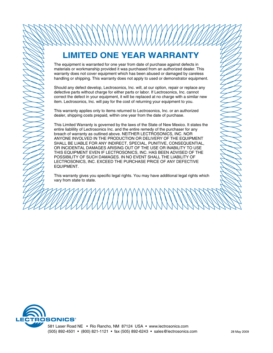 Limited one year warranty | Lectrosonics Right Angled TA3 and TA5-Female Connector Kit User Manual | Page 4 / 4