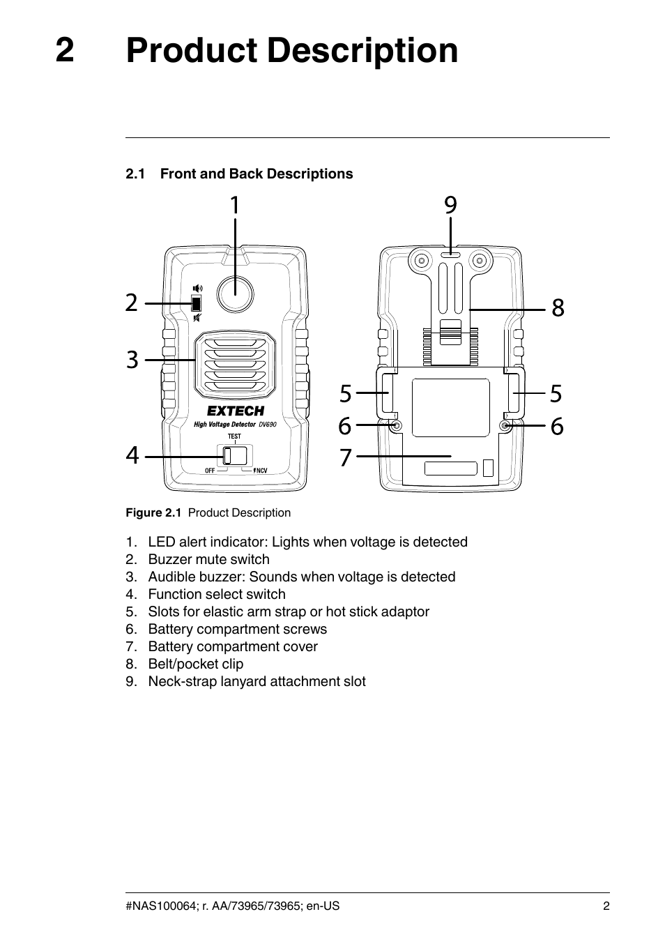 2 product description, 1 front and back descriptions, Product description | Front and back descriptions, Product description 2 | FLIR Extech DV690 Non-Contact High-Voltage Detector User Manual | Page 4 / 18