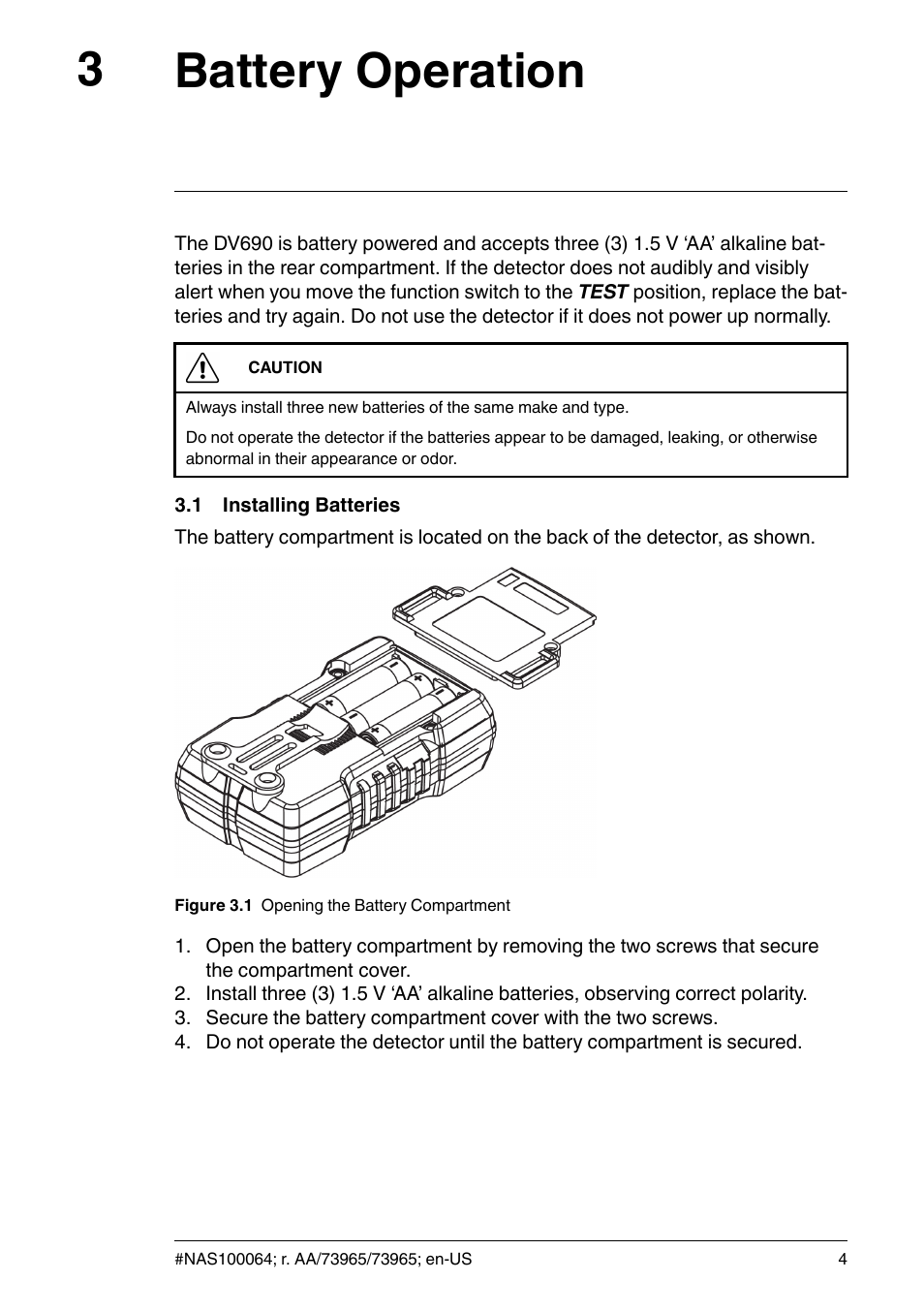 3 battery operation, 1 installing batteries, Battery operation | Installing batteries, Battery operation 3 | FLIR Extech DV690 Non-Contact High-Voltage Detector User Manual | Page 6 / 18