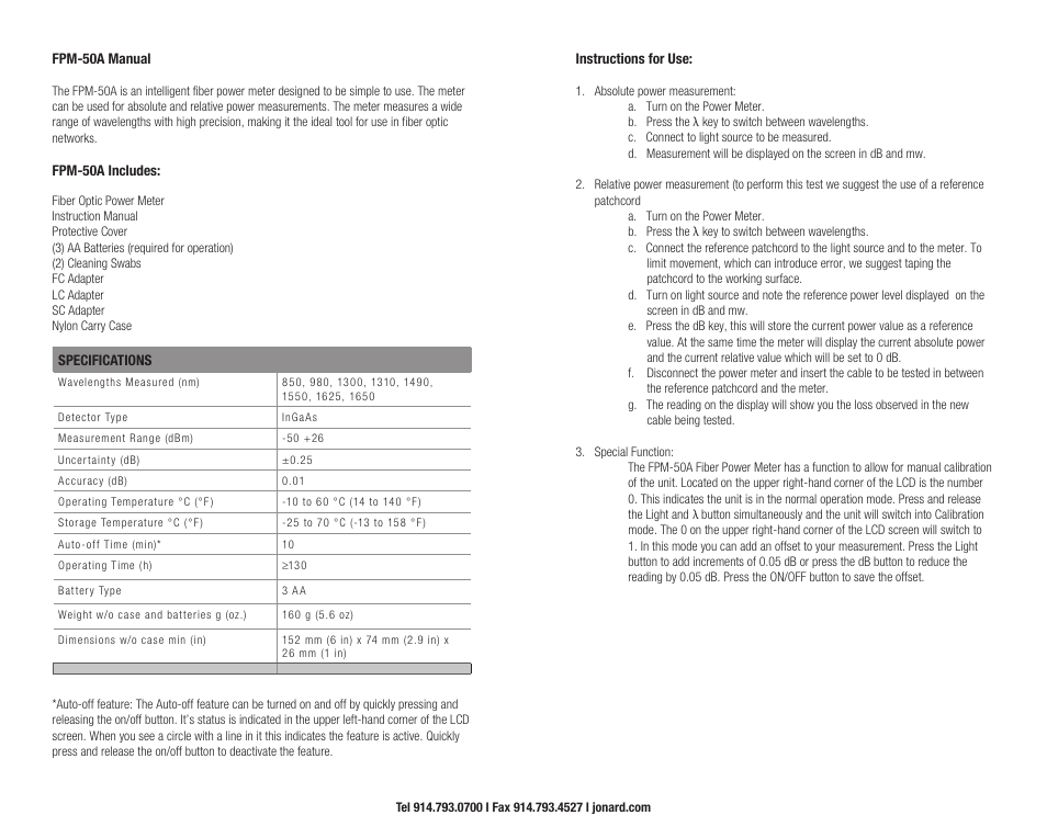 Jonard Tools FPM-50A Fiber Optic Power Meter with FC/SC/LC Adapters (-50 to +26 dBm) User Manual | Page 2 / 2