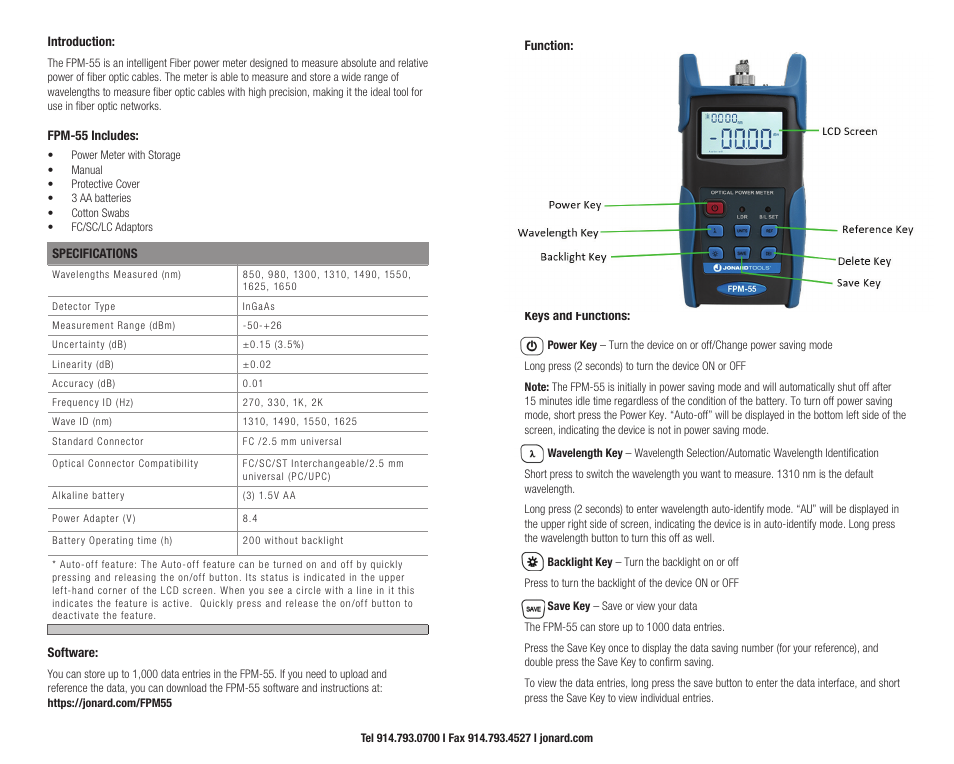 Jonard Tools FPM-55 Fiber Optic Power Meter with Data Storage and FC/SC/LC Adapters (-50 to +26 dBm) User Manual | Page 2 / 2