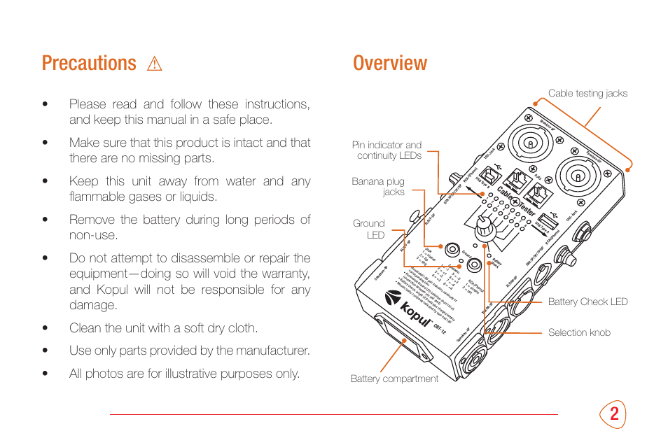 Precautions, Overview | Kopul CBT-12 - 12-in-1 Cable Tester User Manual | Page 3 / 8