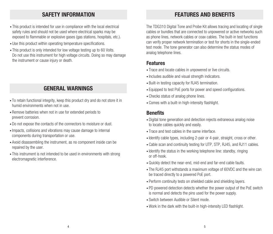 Features and benefits general warnings, Safety information, Features | Benefits | Platinum Tools TDG310K1C Digital Tone and Probe Kit User Manual | Page 3 / 11