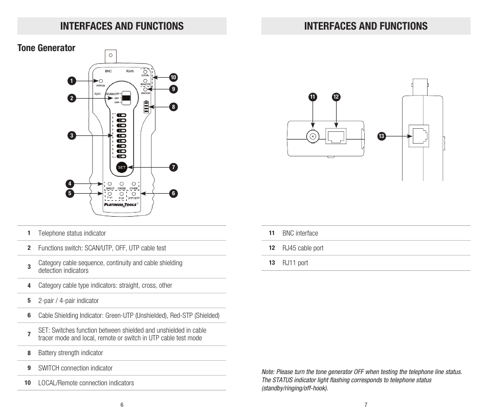 Interfaces and functions, Tone generator | Platinum Tools TDG310K1C Digital Tone and Probe Kit User Manual | Page 4 / 11