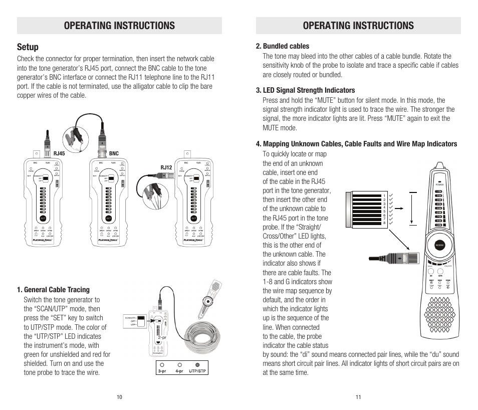 Operating instructions, Setup | Platinum Tools TDG310K1C Digital Tone and Probe Kit User Manual | Page 6 / 11