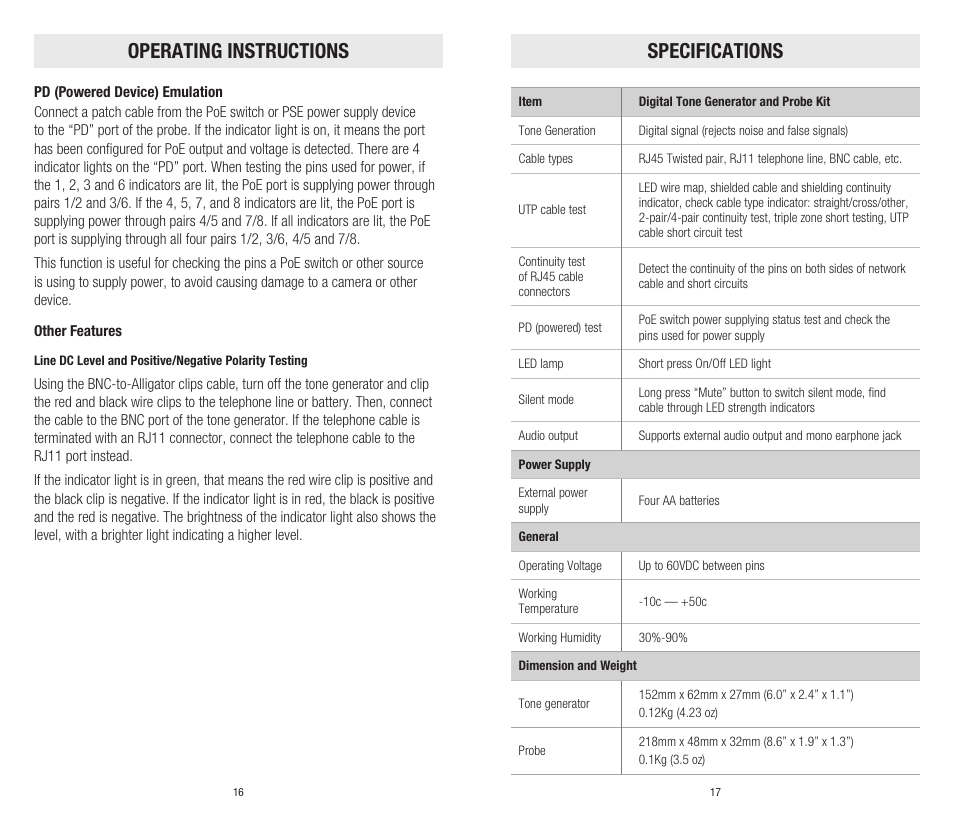 Operating instructions specifications | Platinum Tools TDG310K1C Digital Tone and Probe Kit User Manual | Page 9 / 11