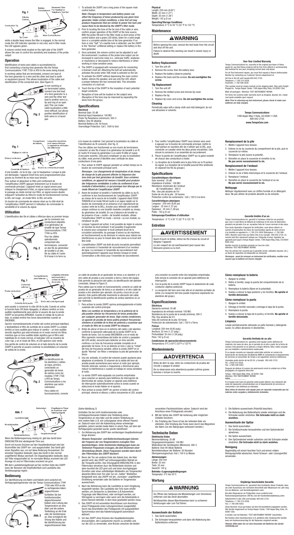 Operation, Specifications, Maintenance | Utilisation, Operación, Bedienung, Spécifications, Entretien, Especificaciones, Mantenimiento | Tempo Filter Probe Inductive Amplifier (200FP) User Manual | Page 2 / 2