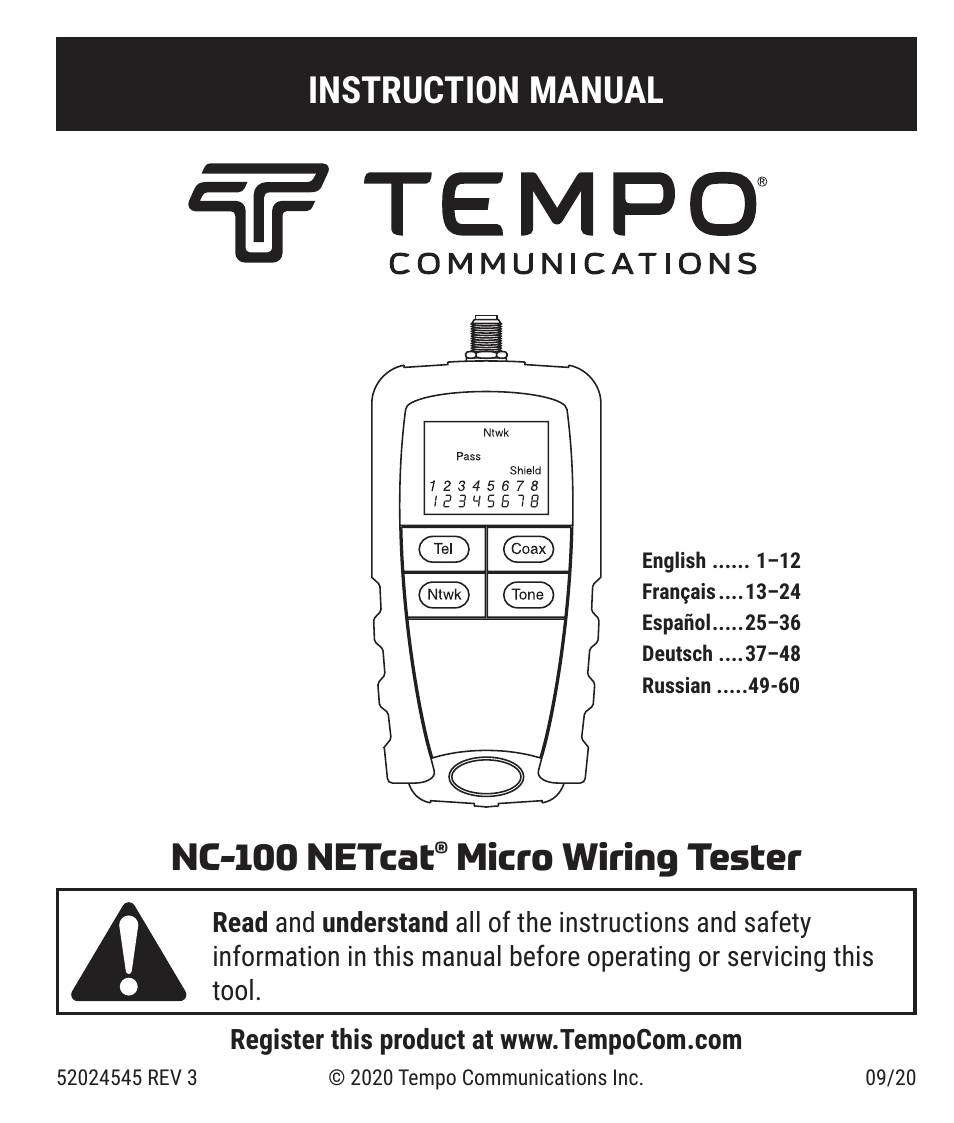 Tempo NC-100 NETcat Micro - Wiring Tester for Digital Voice, Data, and Video User Manual | 12 pages