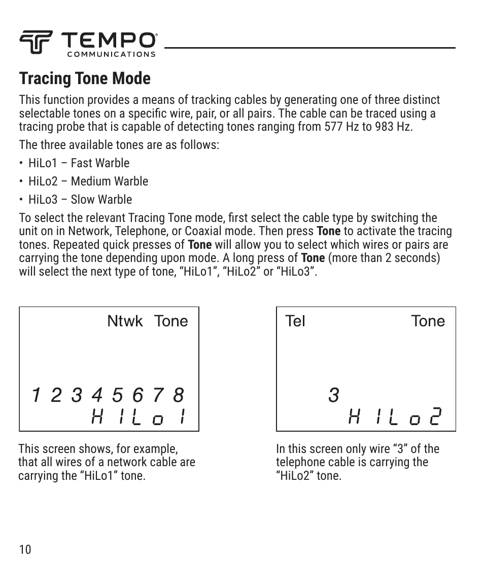 Tracing tone mode | Tempo NC-100 NETcat Micro - Wiring Tester for Digital Voice, Data, and Video User Manual | Page 10 / 12