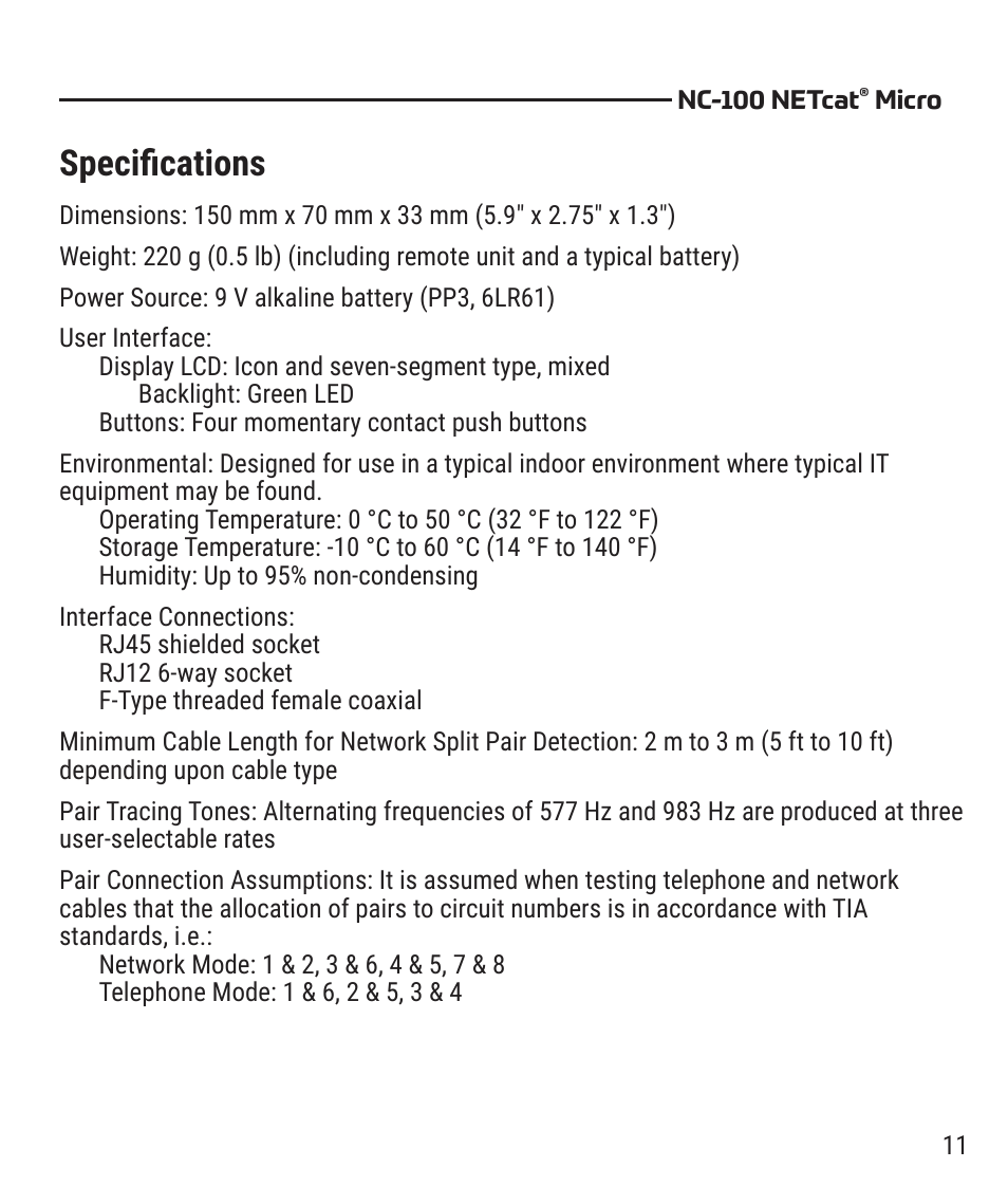 Specifications | Tempo NC-100 NETcat Micro - Wiring Tester for Digital Voice, Data, and Video User Manual | Page 11 / 12