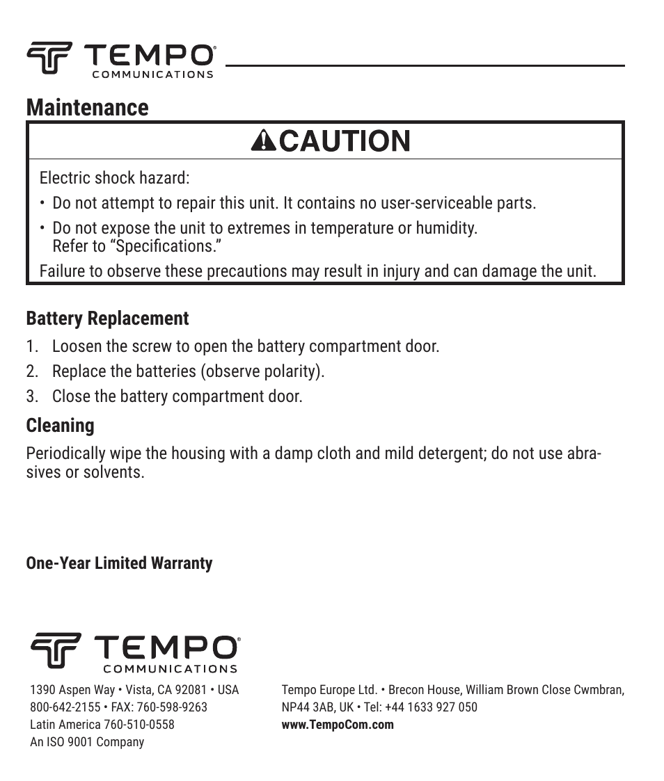 Maintenance | Tempo NC-100 NETcat Micro - Wiring Tester for Digital Voice, Data, and Video User Manual | Page 12 / 12