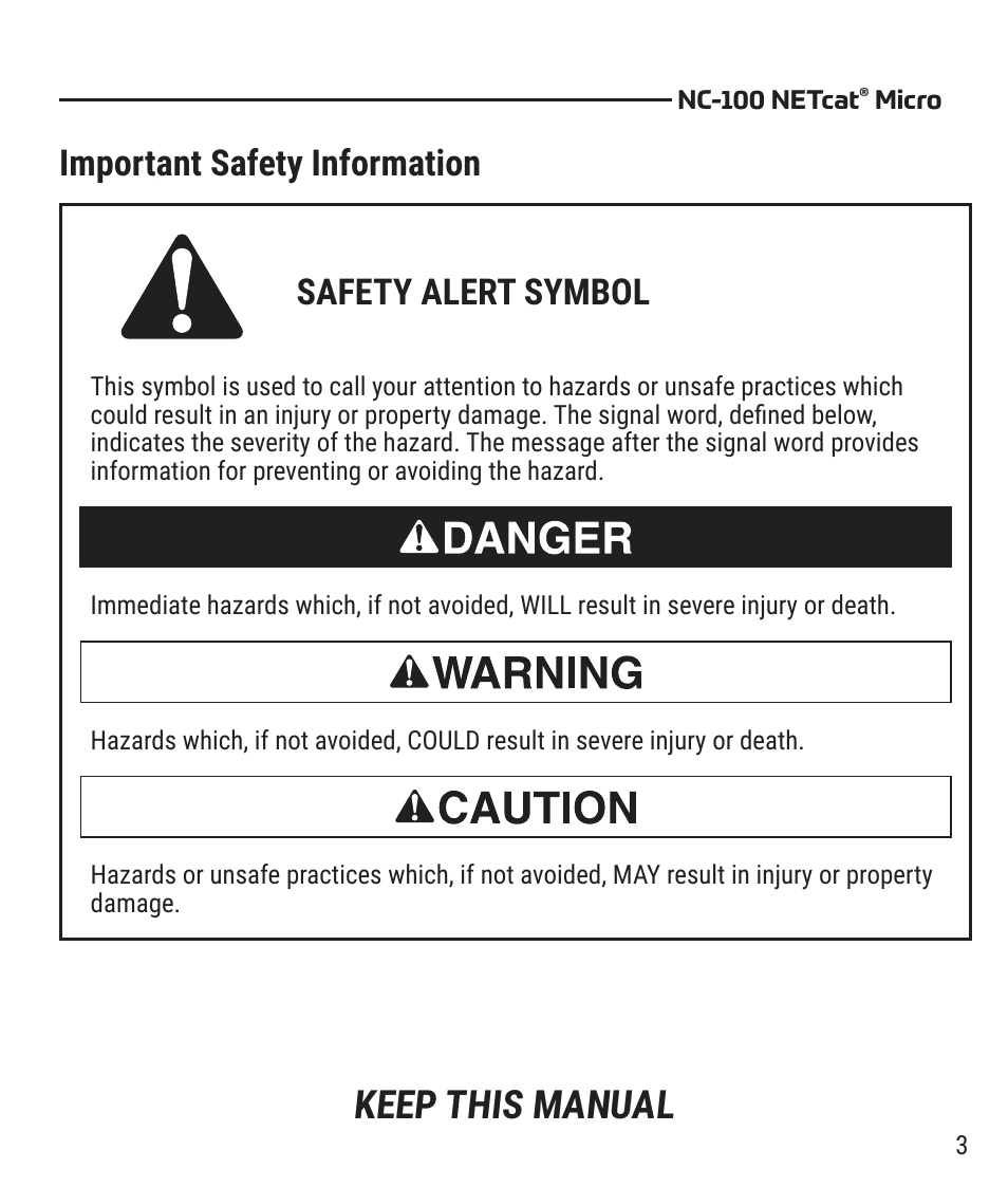 Keep this manual, Important safety information safety alert symbol | Tempo NC-100 NETcat Micro - Wiring Tester for Digital Voice, Data, and Video User Manual | Page 3 / 12