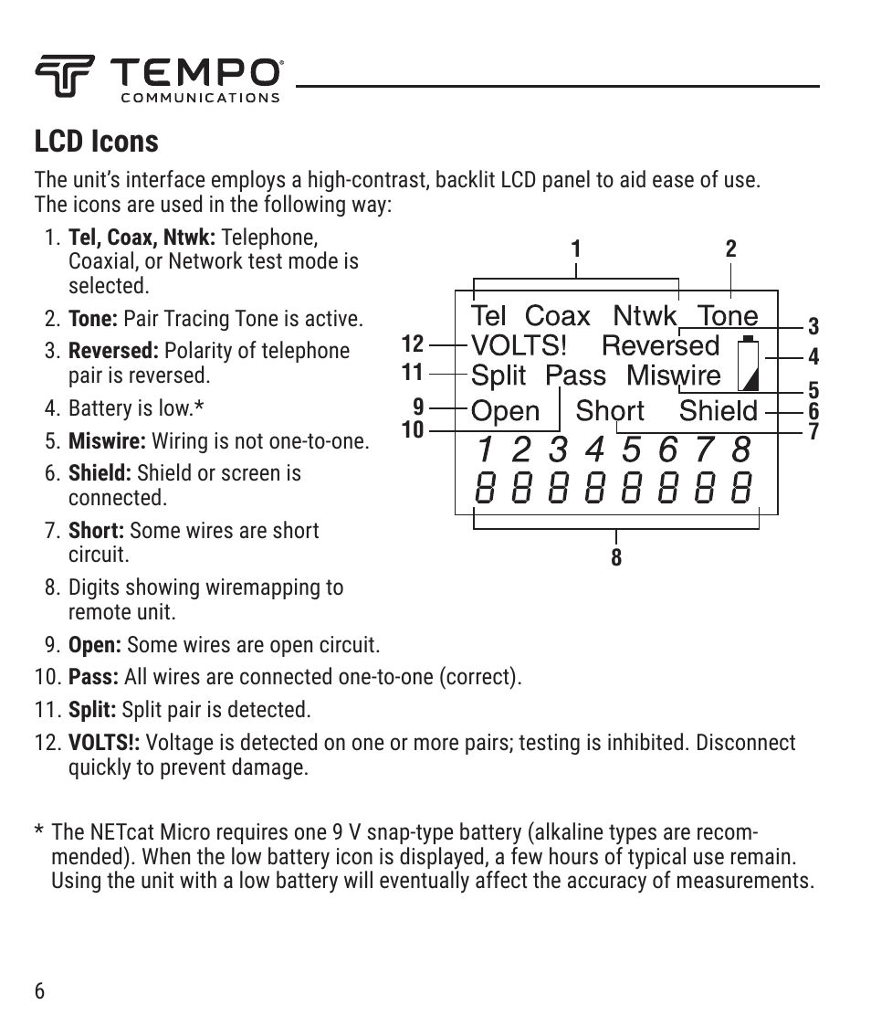 Lcd icons | Tempo NC-100 NETcat Micro - Wiring Tester for Digital Voice, Data, and Video User Manual | Page 6 / 12