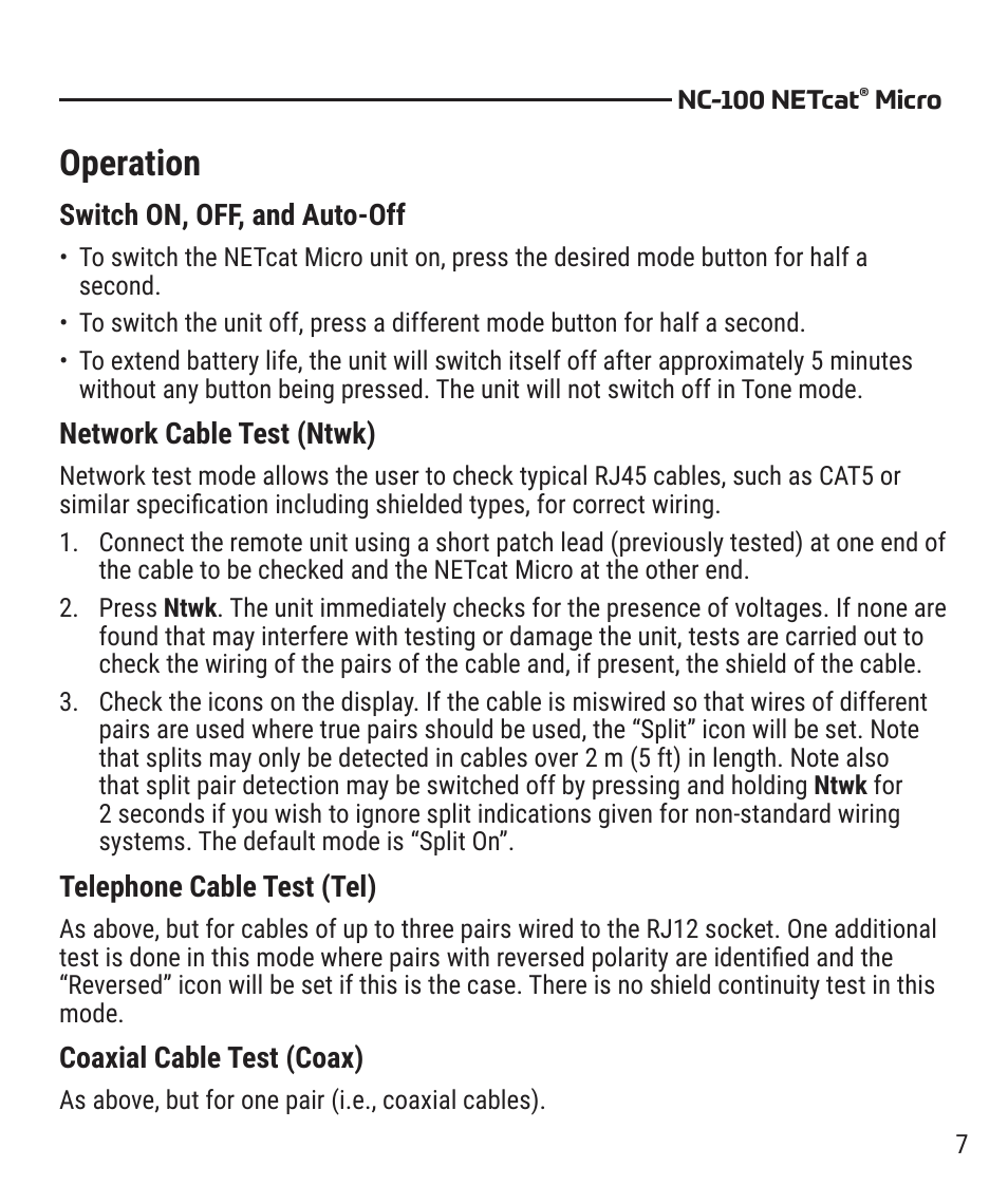 Operation | Tempo NC-100 NETcat Micro - Wiring Tester for Digital Voice, Data, and Video User Manual | Page 7 / 12