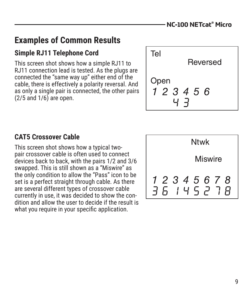Examples of common results | Tempo NC-100 NETcat Micro - Wiring Tester for Digital Voice, Data, and Video User Manual | Page 9 / 12