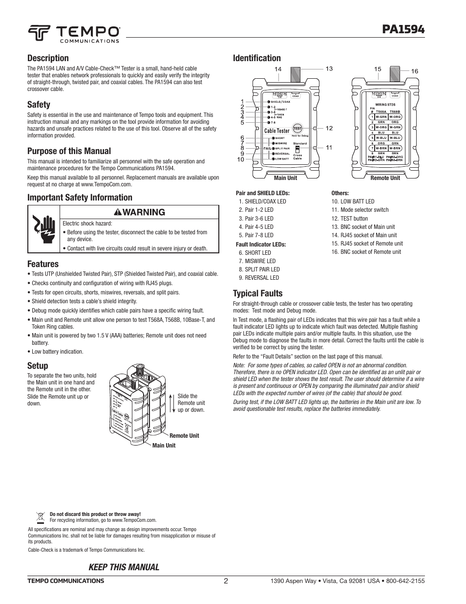 Pa1594, Description, Safety | Purpose of this manual, Important safety information, Features, Setup, Identification, Typical faults, Keep this manual | Tempo PA1594 LAN and A/V Cable-Check Tester User Manual | Page 2 / 3