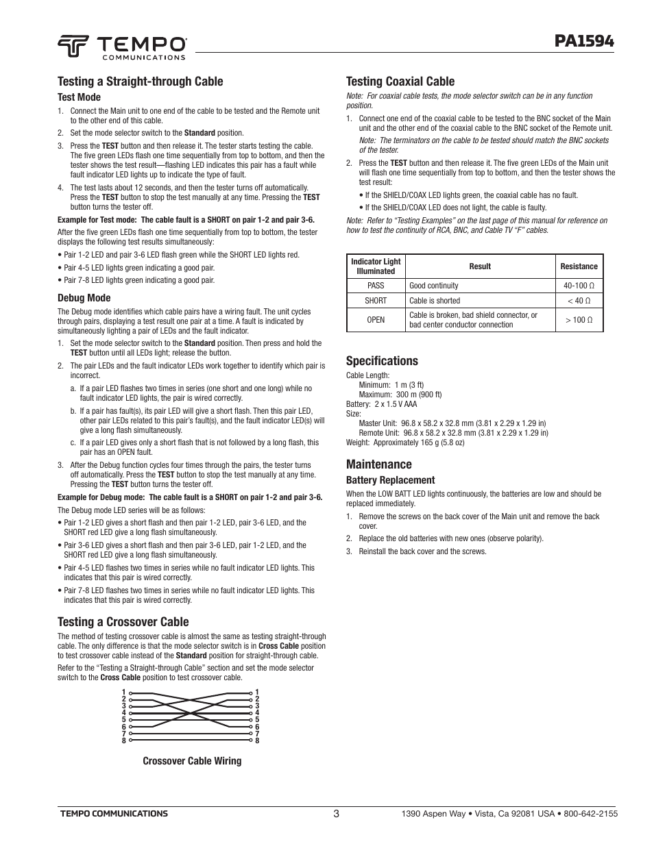 Pa1594, Testing a straight-through cable, Testing a crossover cable | Testing coaxial cable, Specifications, Maintenance | Tempo PA1594 LAN and A/V Cable-Check Tester User Manual | Page 3 / 3