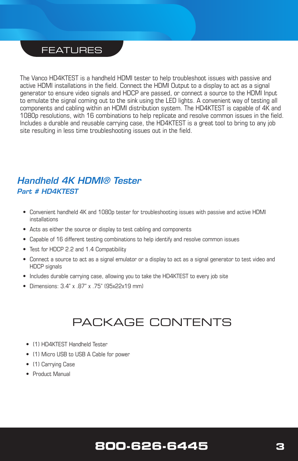 Package contents, Handheld 4k hdmi® tester | VANCO Handheld 4K HDMI Tester User Manual | Page 3 / 12
