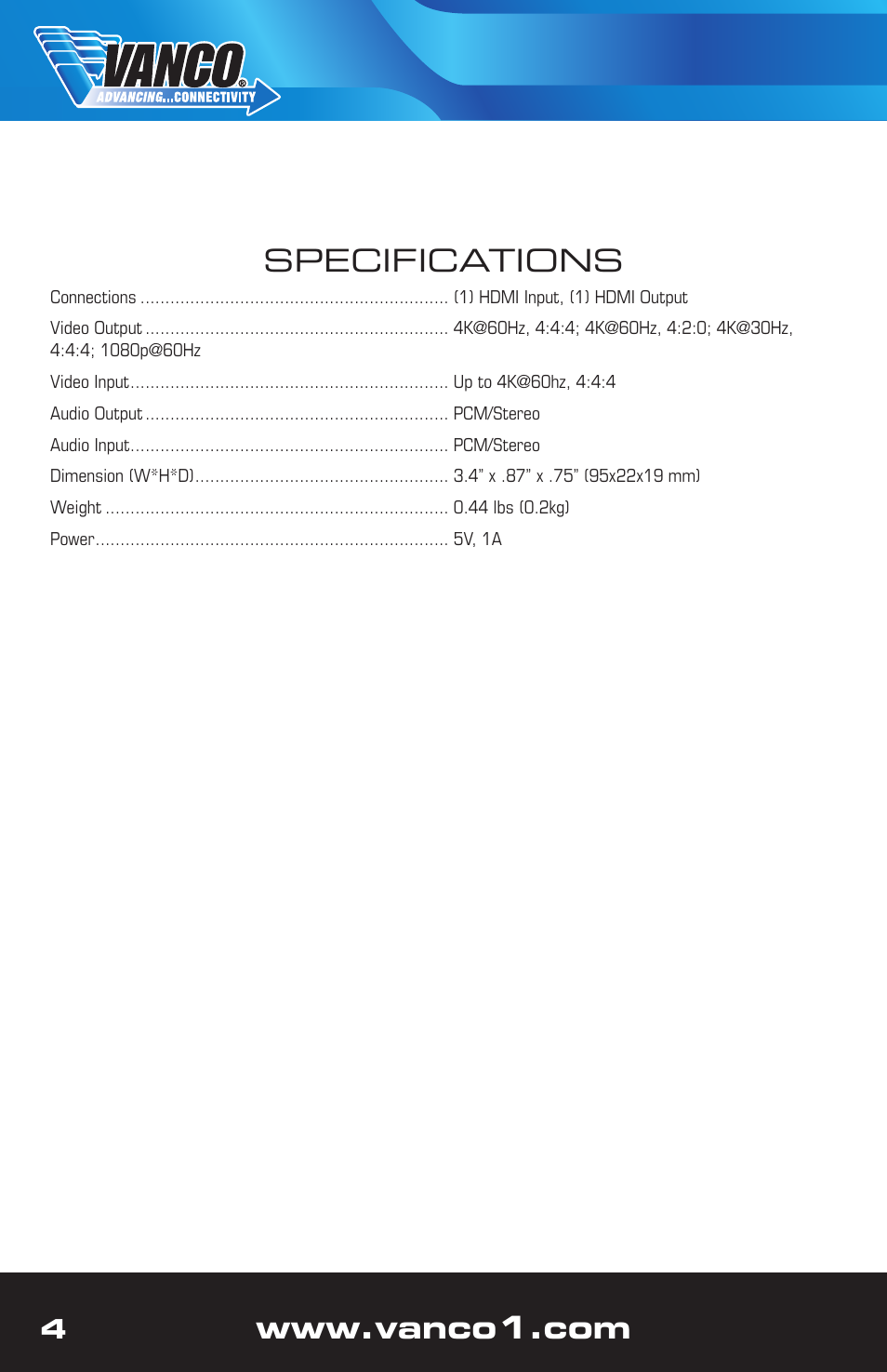Specifications | VANCO Handheld 4K HDMI Tester User Manual | Page 4 / 12