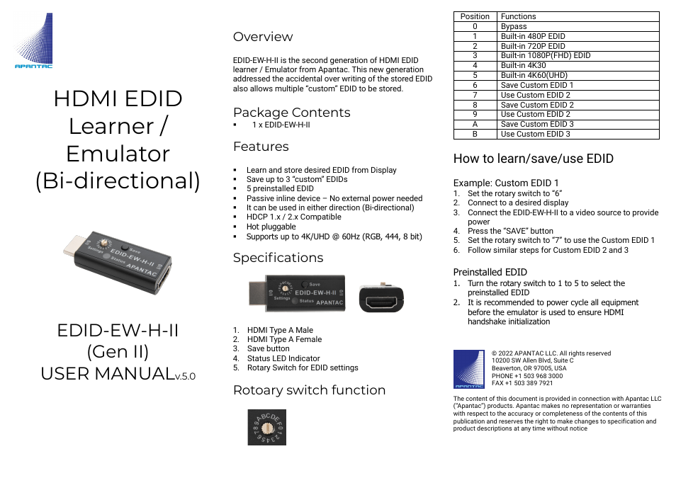 Apantac HDMI Bidirectional EDID Emulator and Learner User Manual | 1 page