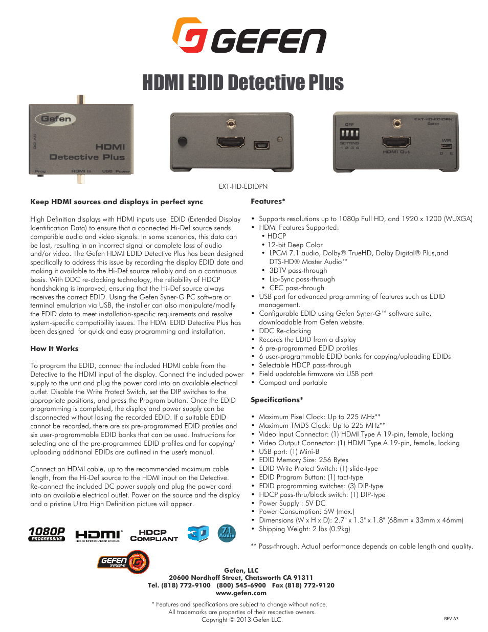 Gefen HDMI EDID Detective Plus User Manual | 1 page