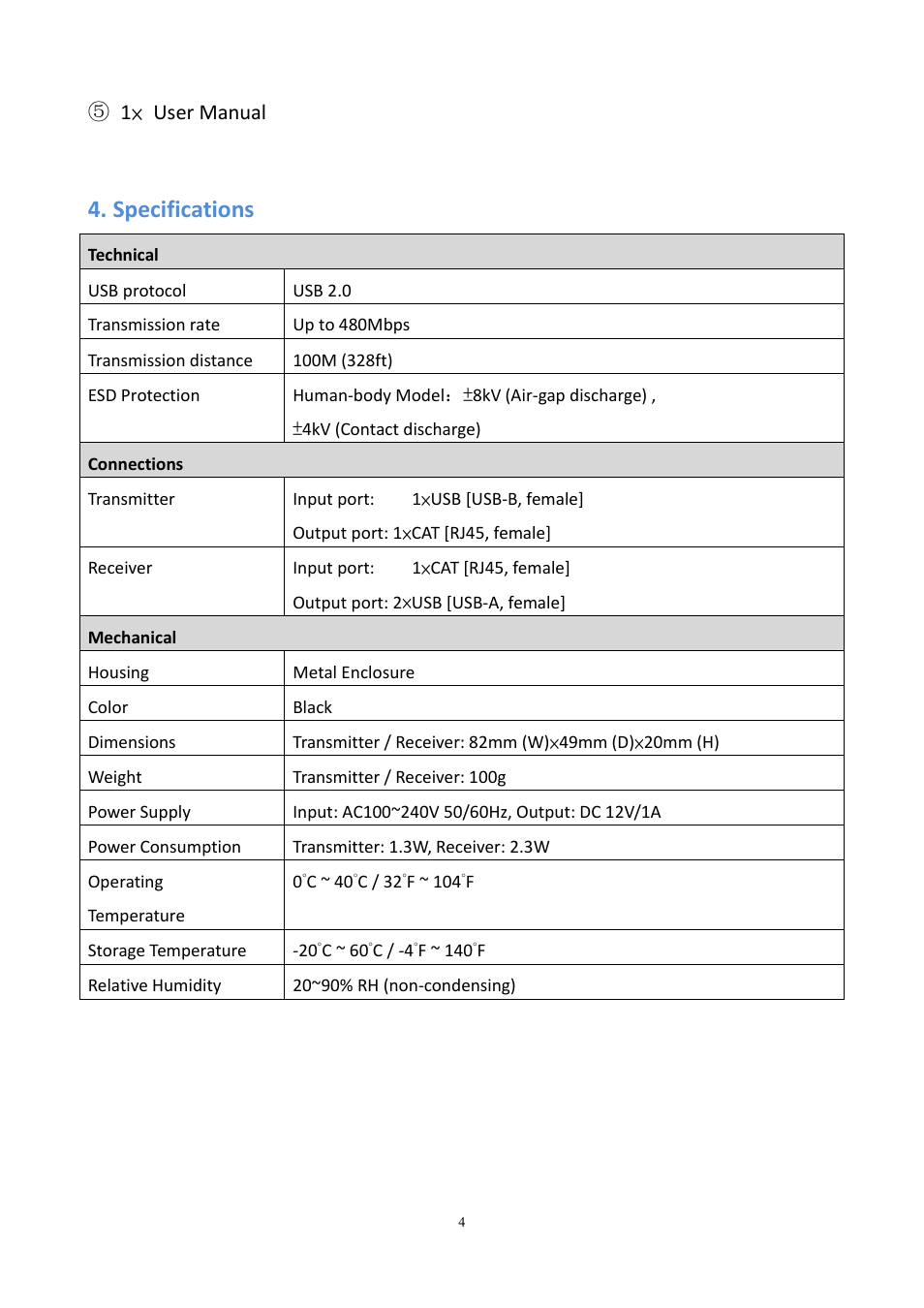 Specifications | KanexPro USB 2.0 Extender Kit (328') User Manual | Page 4 / 8