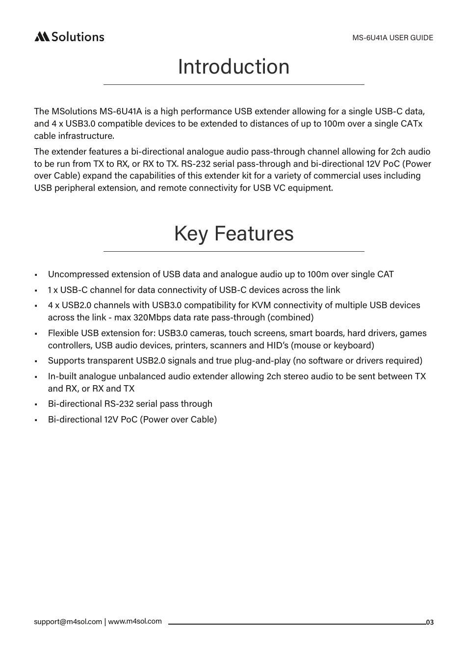 Introduction, Key features | MSolutions MS-6U41A 5-Input Extender Set User Manual | Page 3 / 9