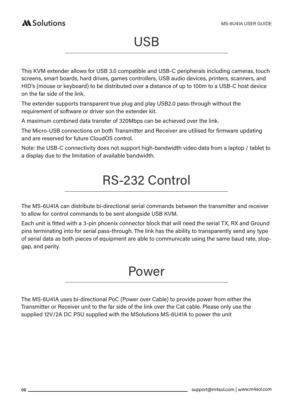 Rs-232 control, Power | MSolutions MS-6U41A 5-Input Extender Set User Manual | Page 6 / 9