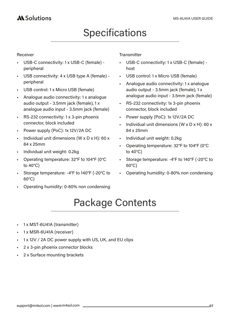 Specifications, Package contents | MSolutions MS-6U41A 5-Input Extender Set User Manual | Page 7 / 9