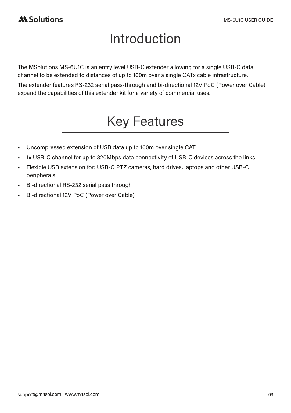 Introduction, Key features | MSolutions MS-6U1C USB-C Extender Set User Manual | Page 3 / 9