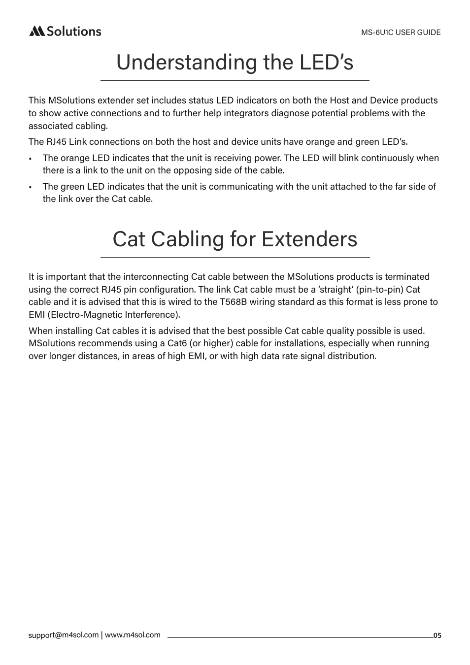 Understanding the led’s, Cat cabling for extenders | MSolutions MS-6U1C USB-C Extender Set User Manual | Page 5 / 9