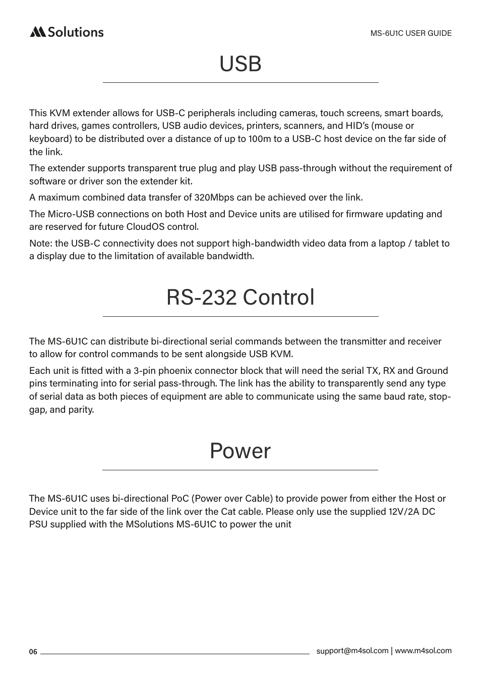 Rs-232 control, Power | MSolutions MS-6U1C USB-C Extender Set User Manual | Page 6 / 9