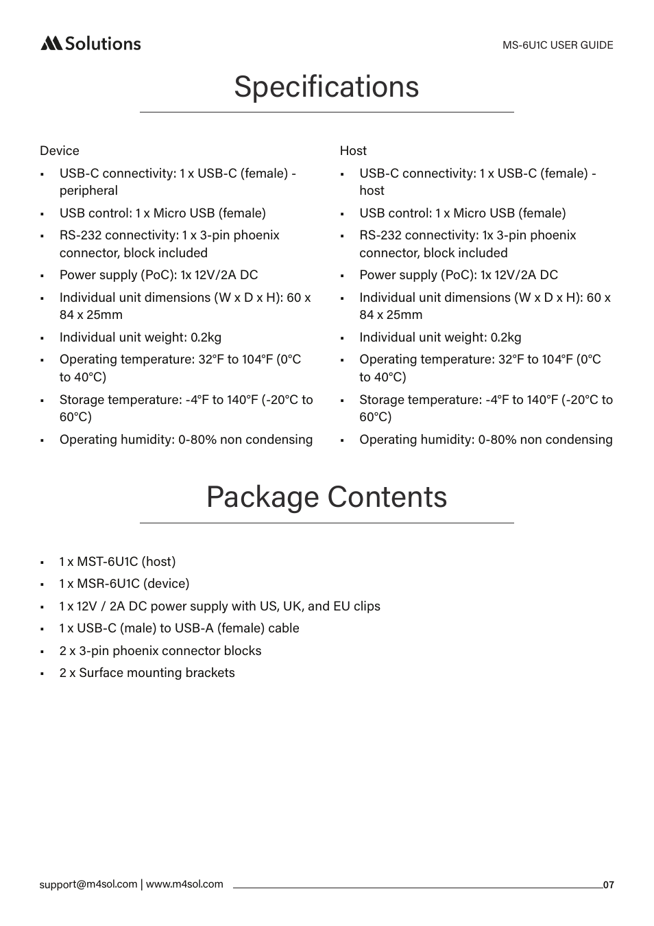 Specifications, Package contents | MSolutions MS-6U1C USB-C Extender Set User Manual | Page 7 / 9